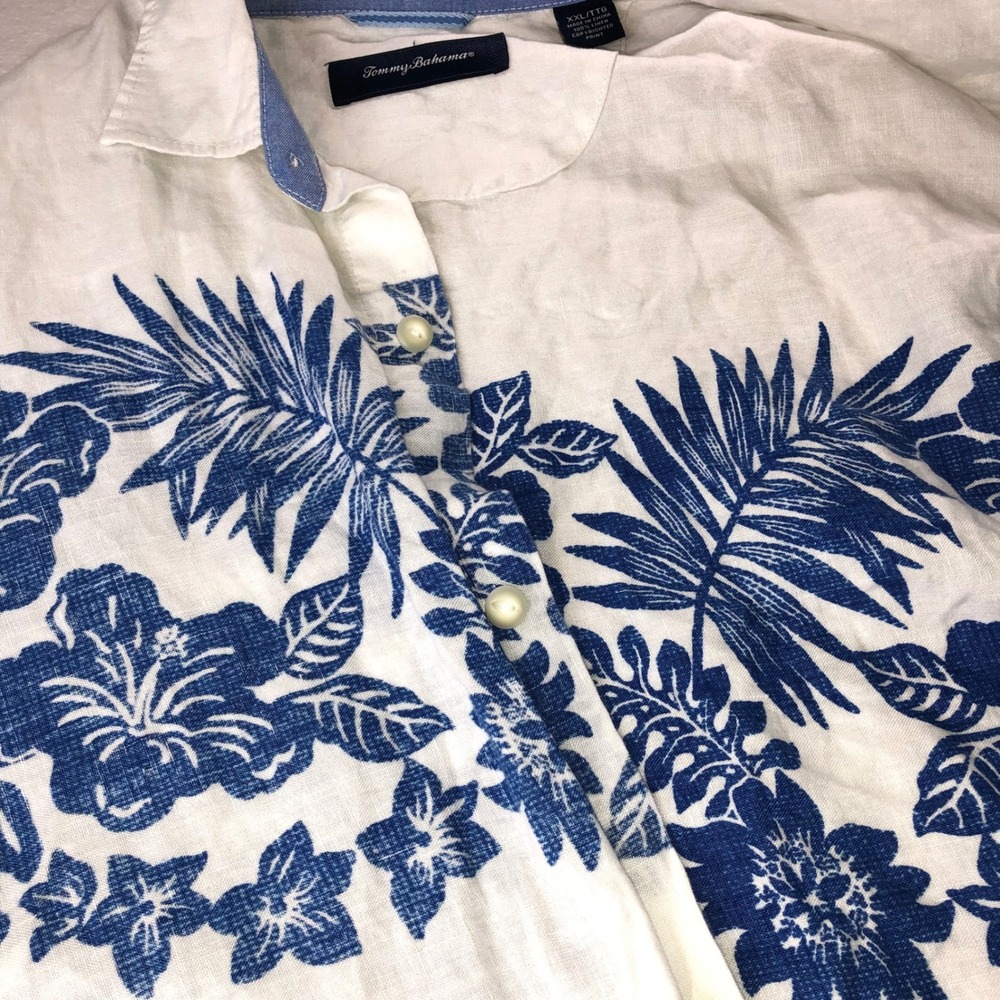 Tommy Bahama Reverse Print Linen Men XXL Button Shirt White Blue Floral Hawaiian - Picture 8 of 16